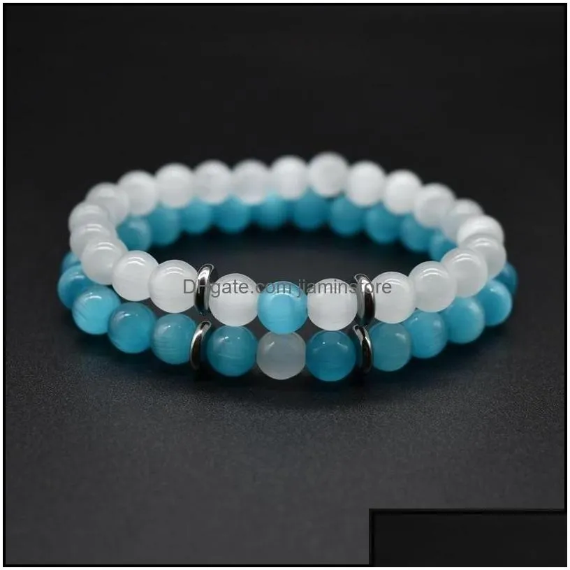 beaded strands 8mm blue white opal beads chains bracelet for women men couple healing crystal natural stone beaded bangle fashion j