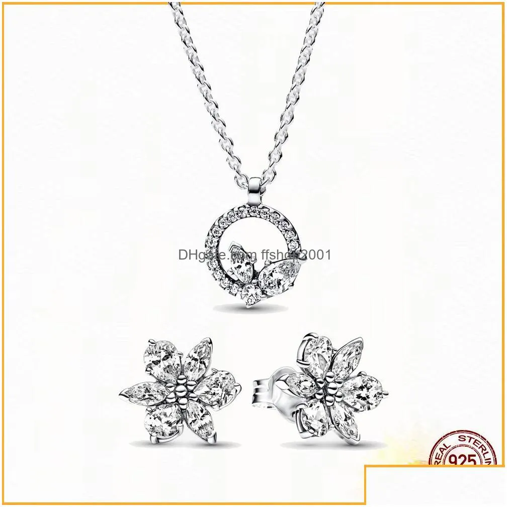 shiny herbarium round pandora necklace earring set 925 sterling silver fit womens anniversary birthday gift