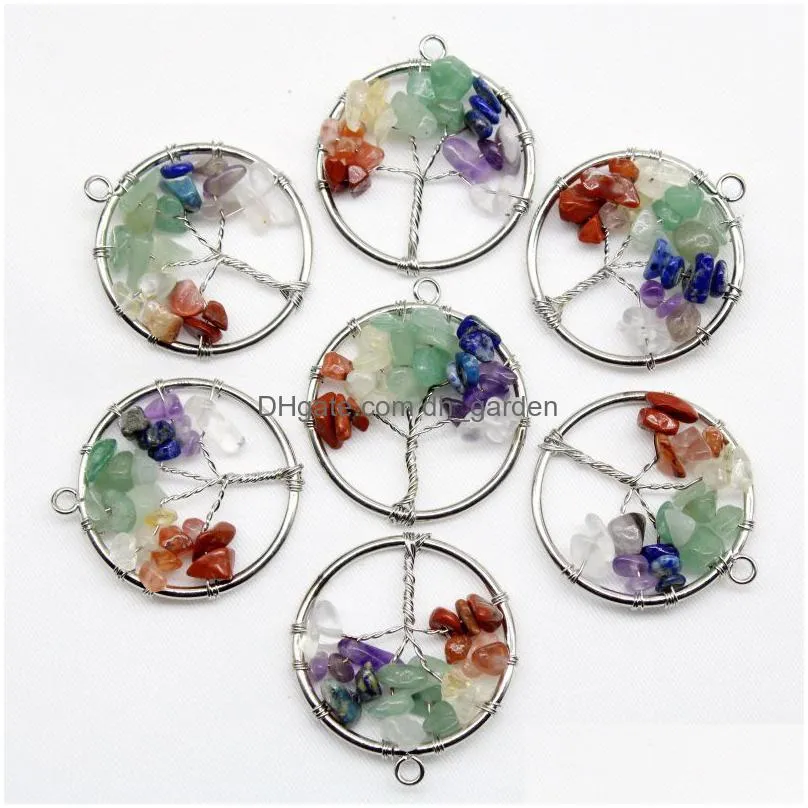100pcs natural wire wrap tree of life healing chip stone crystal pendant 7 chakra stone pendant crystal necklace women men jewelry