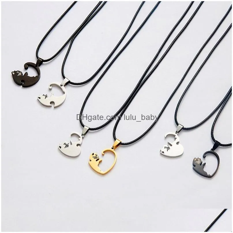 animal pendant black white cat stitching necklace simple friendship gift heart shape gold cute couple rope chain necklaces 2pcs/set