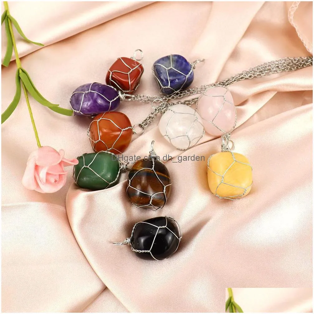 5 styles natural stone wire winding pendant irregular amethyst rose quartz crystal agate necklaces jewelry accessories