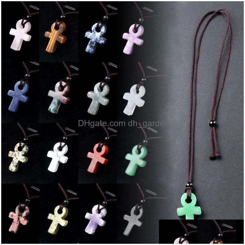 natural stone crucifix egyptian ankh amulet life cross pendant women 7 chakra quartz crystal necklaces for women men