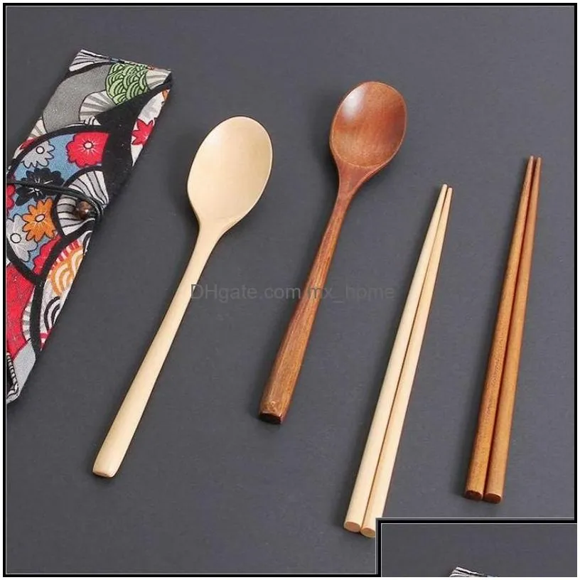 dinnerware sets kitchen dining bar home garden chinese chopsticks tableware wooden cutlery with spoon fork cloth bag environmentally