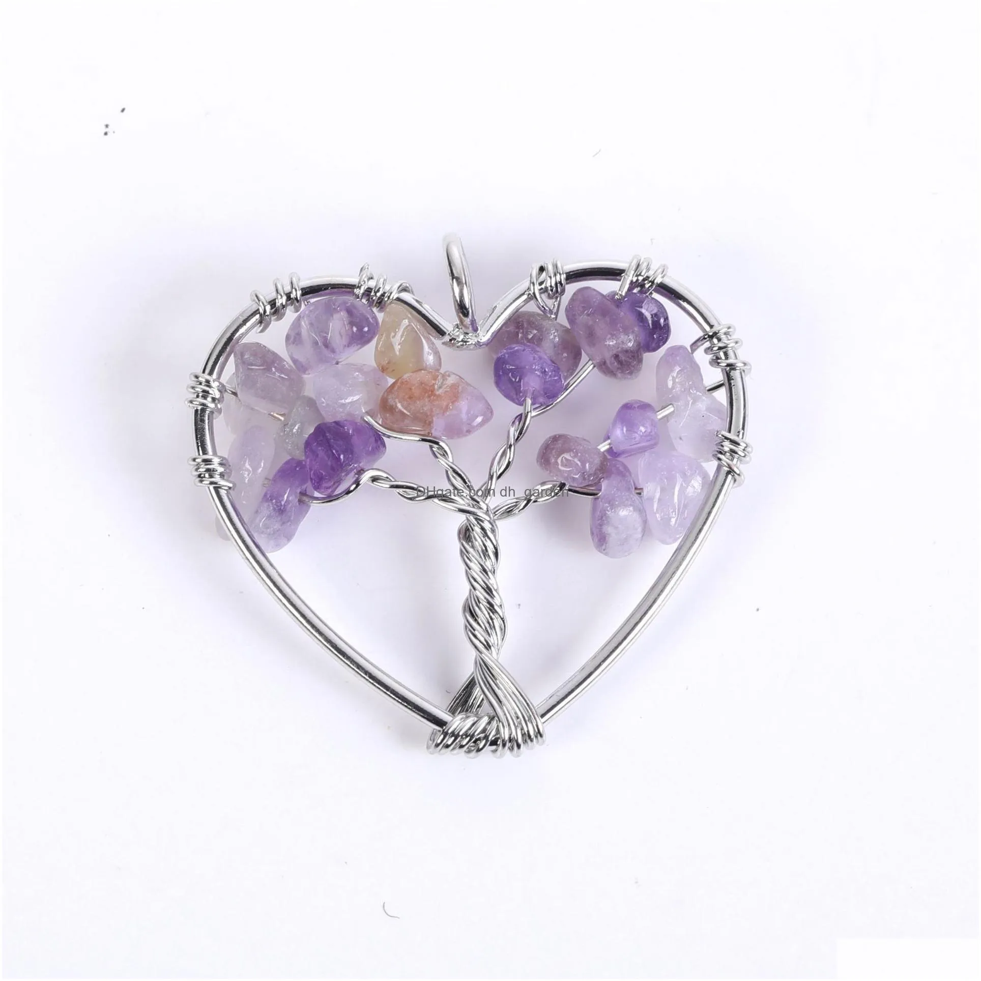 30mm rainbow tree of life natural amethyst crystal heart pendant necklace energy stone healing meditation yoga gift wholesale