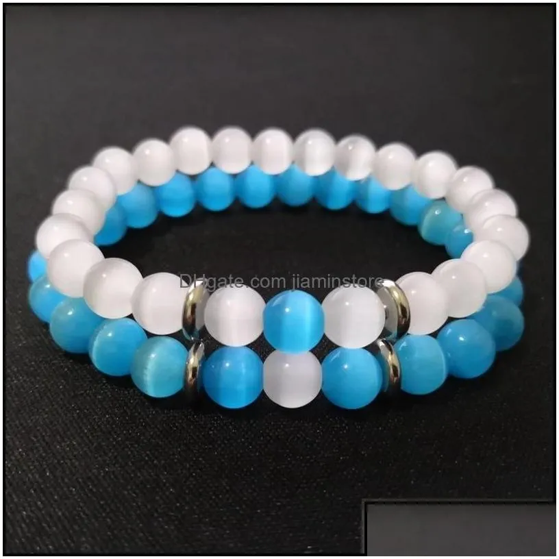 beaded strands 8mm blue white opal beads chains bracelet for women men couple healing crystal natural stone beaded bangle fashion j