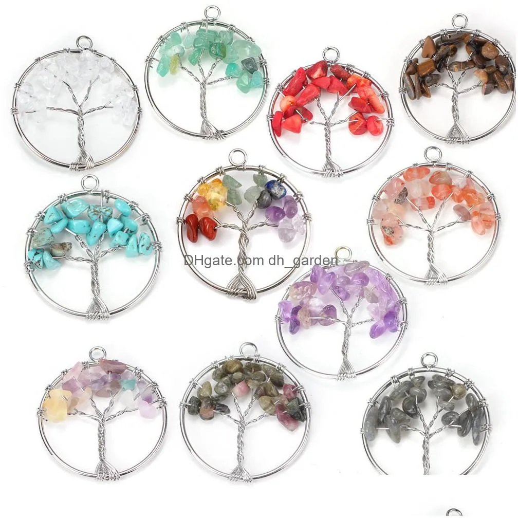 100pcs natural wire wrap tree of life healing chip stone crystal pendant 7 chakra stone pendant crystal necklace women men jewelry