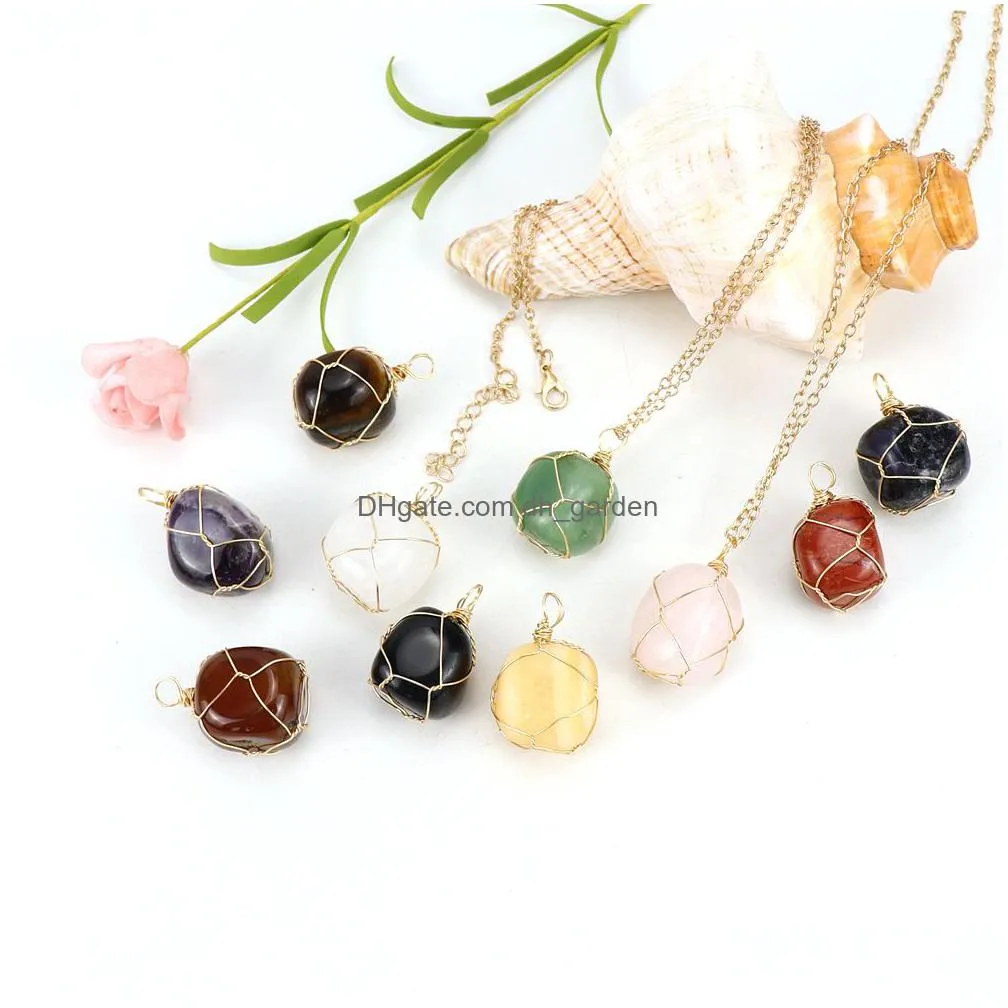 silver natural stone wire winding pendant irregular amethyst rose quartz crystal agate necklaces jewelry accessories
