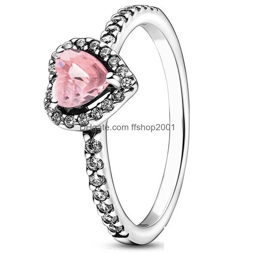 authentic 925 sterling silver elevated red green blue pink heart pandora ring with crystal for women birthday gift jewelry