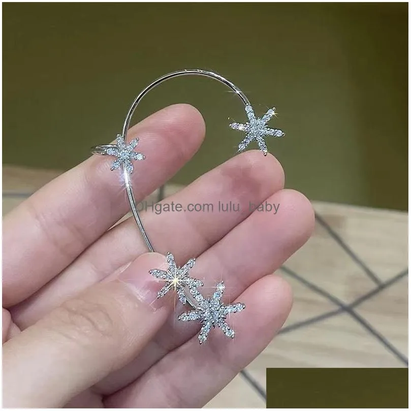 casual silver plated metal snowflake ear cuff clips without piercing for women sparkling zircon earrings wedding jewelry