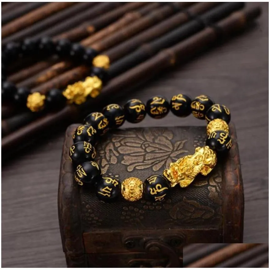 fashion feng shui obsidian stone beads bracelet men women uni wristband gold black pixiu wealth and good luck women bracelet