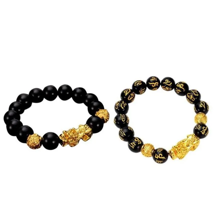 fashion feng shui obsidian stone beads bracelet men women uni wristband gold black pixiu wealth and good luck women bracelet