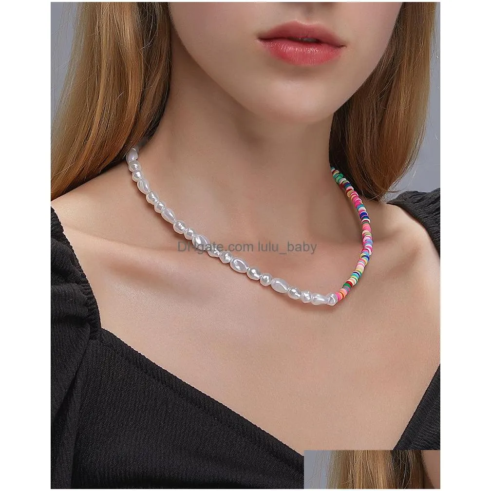 exaggerated colored soft pottery beaded necklace round beads imitation pearls asymmetric chain choker necklaces steampunk stick circle charm