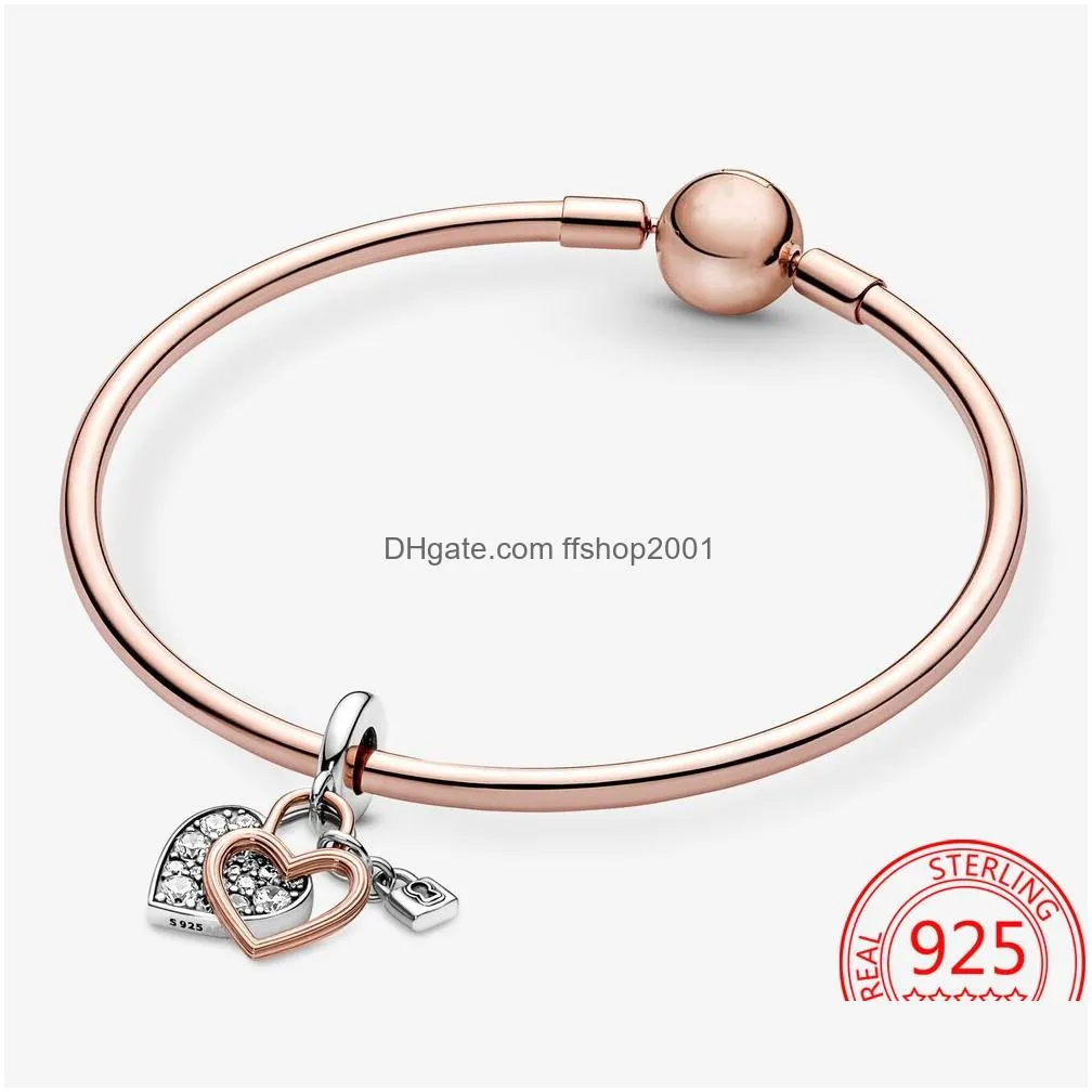 925 sterling silver rose gold heart padlock double charm for pandora snake bracelet diy jewelry girl gift making