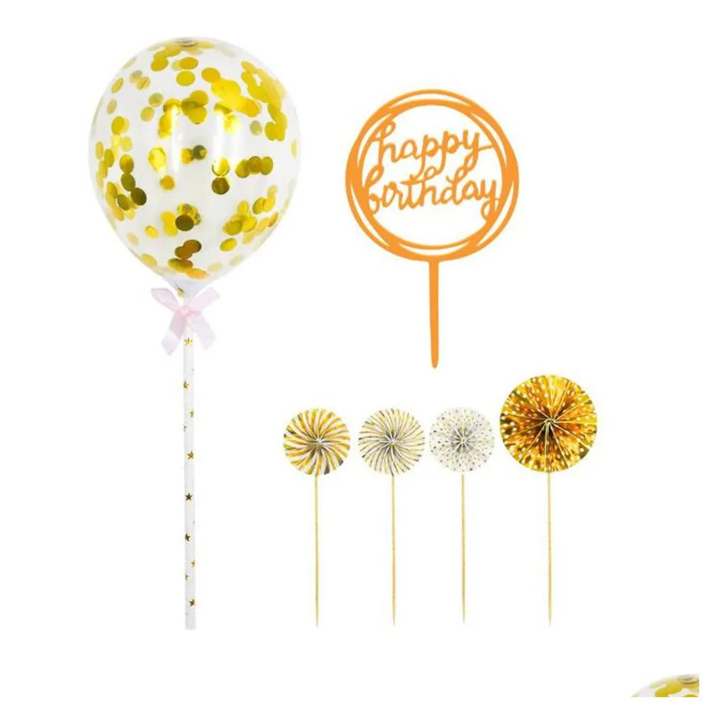 wholesale happy birthday cake toppers decoration paper fans acrylic cupcake topper confetti balloon decorations set