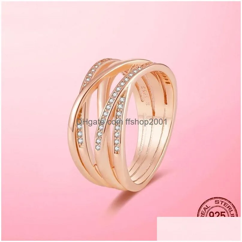 brand 925 sterling silver gold rings sparkling polished lines rose gold pave wedding engagement diy original jewelry for women