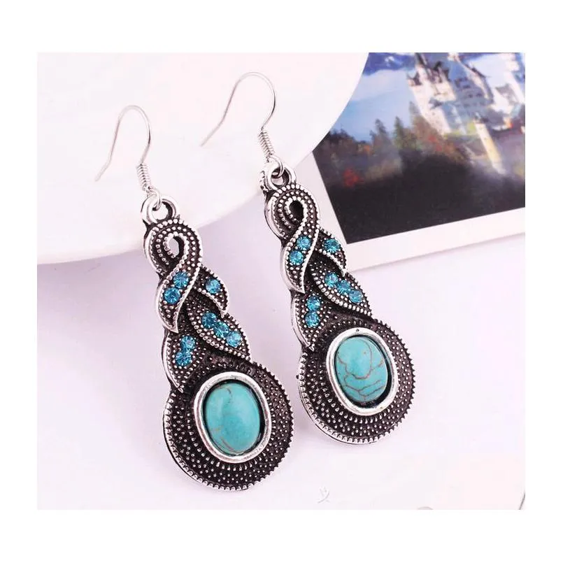 fashion vintage pattern blue crystal turquoise pendant jewelry sets earrings necklace for party women dresses accessories for sale 10