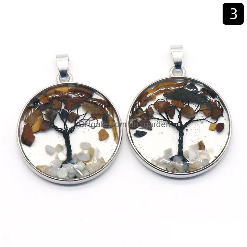 round tree of life gravel pendant natural crystal chip stone colorful charms diy necklace jewelry making