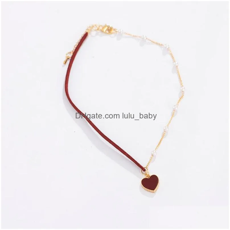 short small red heart choker simple temperament net love pearl chain necklace rope necklaces women wedding jewelry