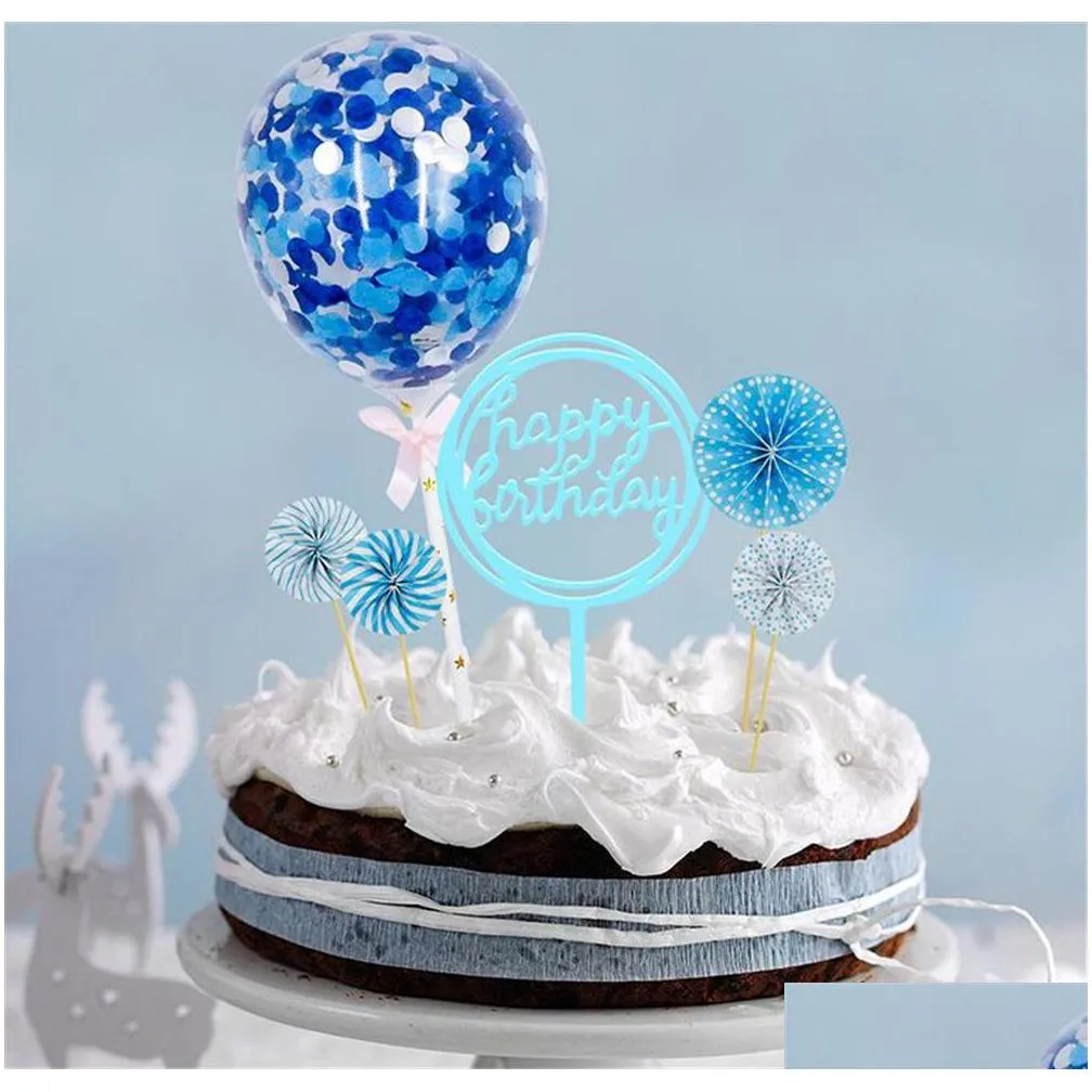 wholesale happy birthday cake toppers decoration paper fans acrylic cupcake topper confetti balloon decorations set