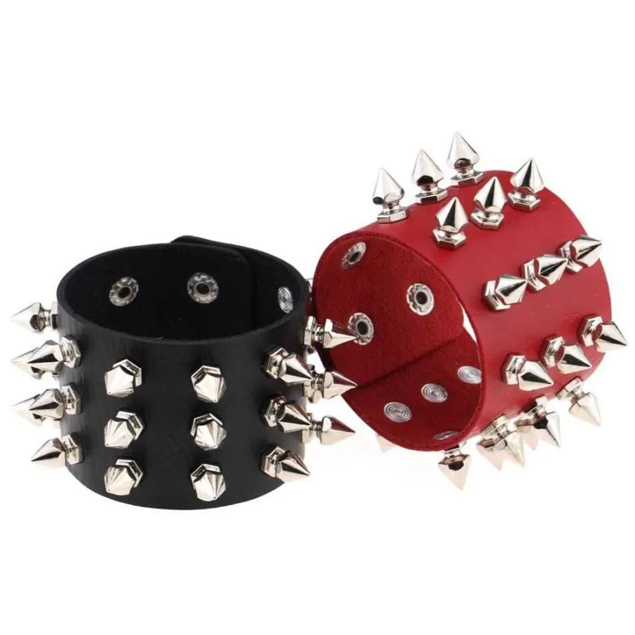 punk bracelets jewelry three row cuspidal spikes rivet stud wide cuff leather gothic rock uni bangle bracelet 13 colors