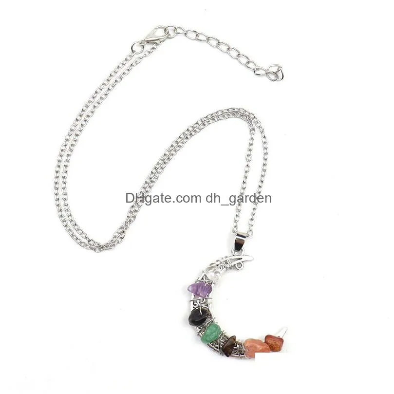 crushed natural chip stone moon pendant necklace irregular healing gravel amethyst crystal quartz beads necklace