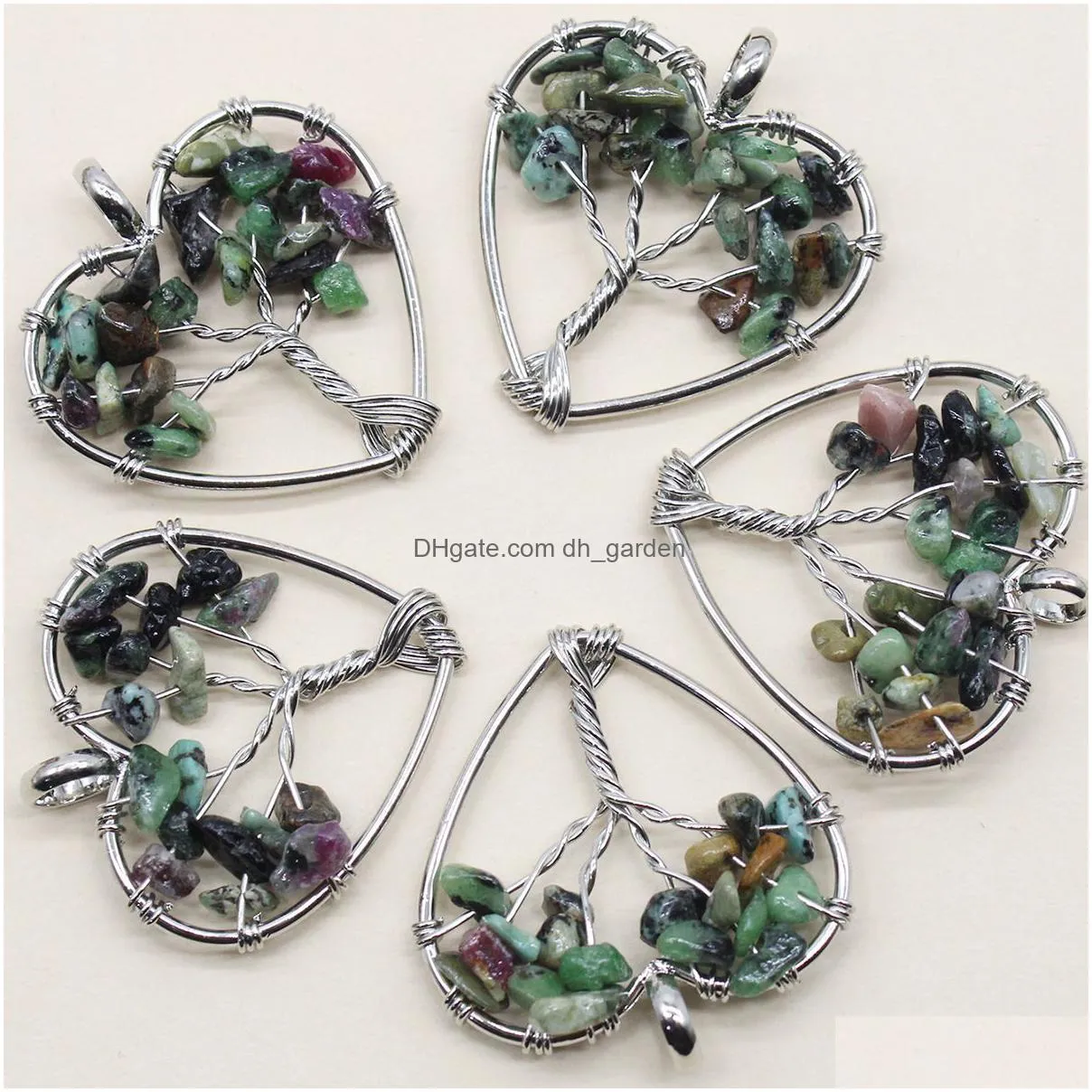 100pcs natural wire wrap tree of life healing chip stone crystal heart pendant 7 chakra stone pendant crystal necklace women men