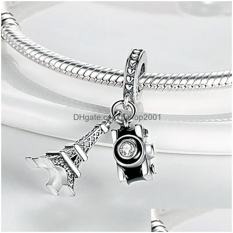 2023 925 sterling silver pandora dangle charm family love eiffel tower camera travel dream coffee cup sparkly heels charm fit pandorajoias bracelet