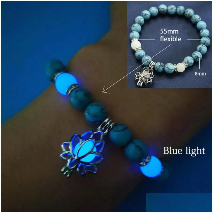 luminous natural stones glowing in the dark bracelet lotus flower shaped charm bracelet for women yoga prayer buddhism jewelry