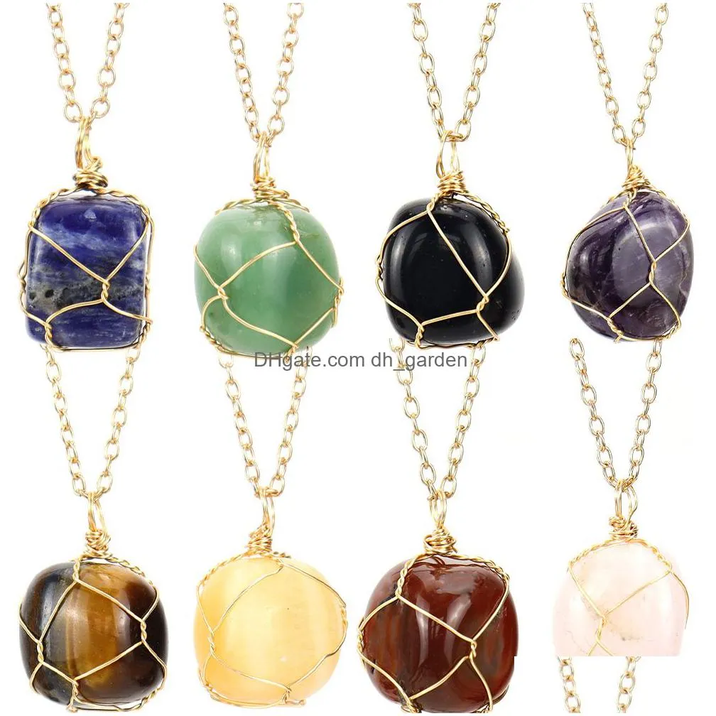 silver natural stone wire winding pendant irregular amethyst rose quartz crystal agate necklaces jewelry accessories