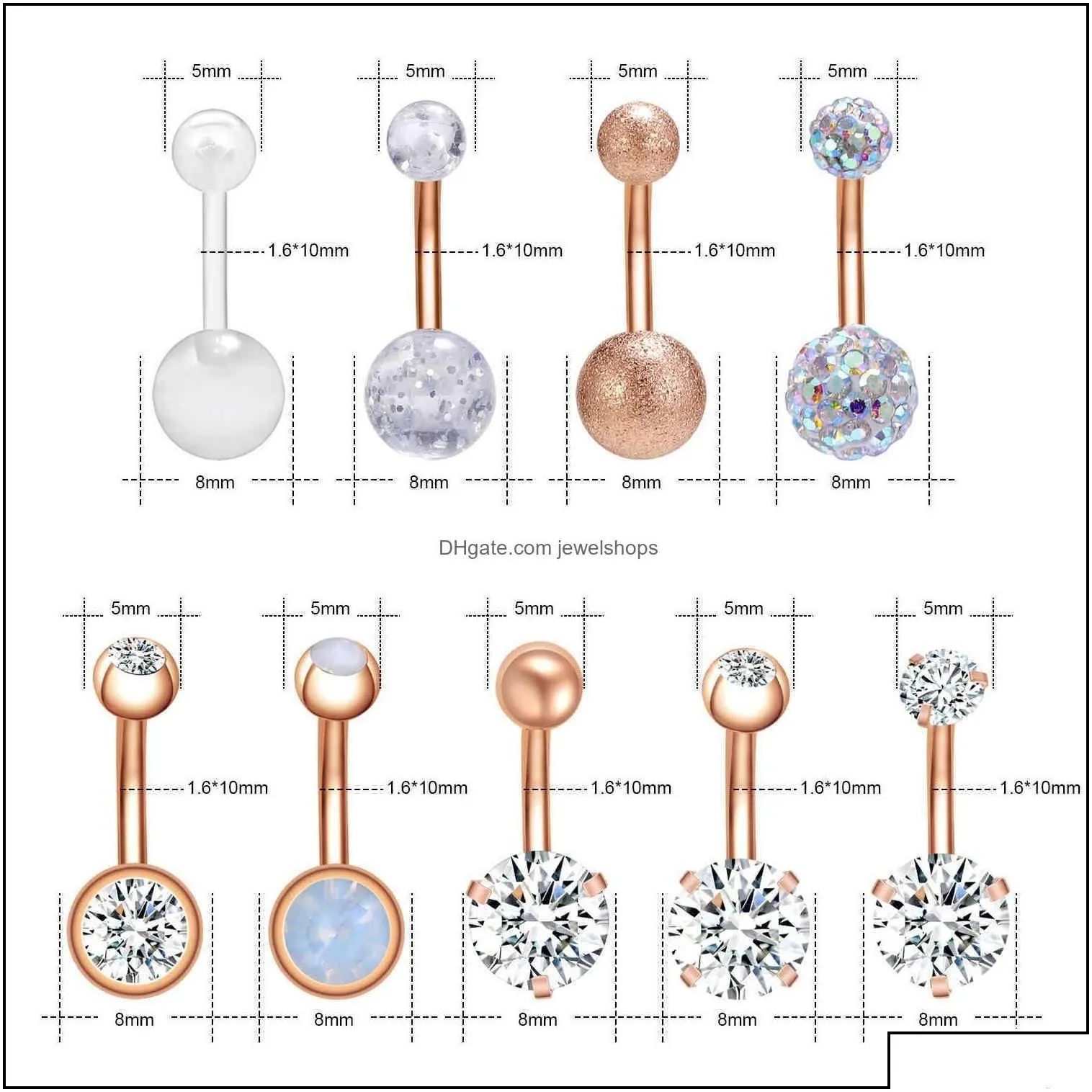 8/9pcs/lot button ring set crystal double ball piercing for women rose gold stainless steel navel belly rings drop delivery 2021 bell