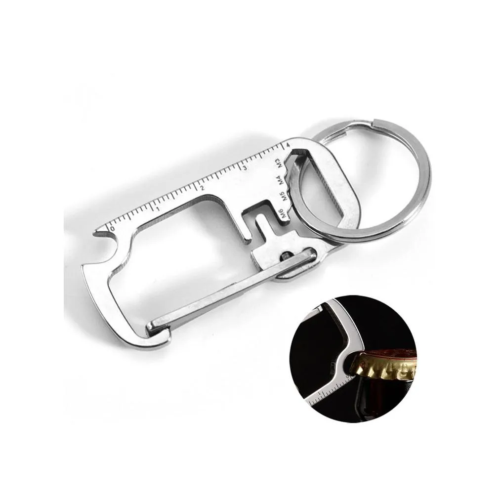 stainless steel bottle opener with wrench ruler carabiner keychain multi tool for climbing hiking camping xbjk2106