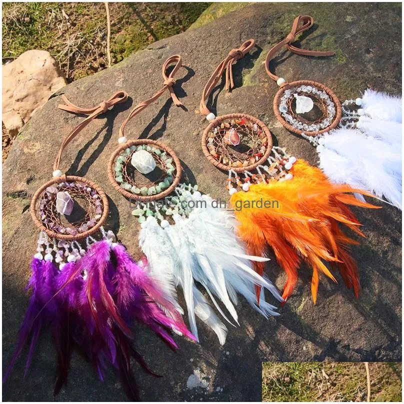 chip raw crystal stone exquisite car interior decoration charms pendant feather dream catcher view mirror car hanging accessories