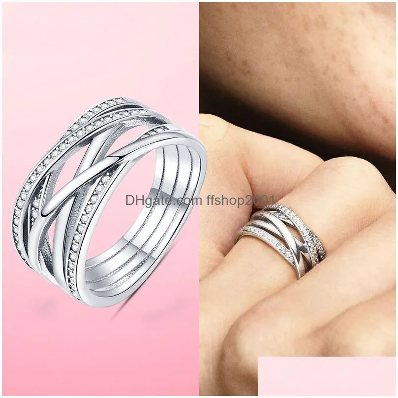 brand 925 sterling silver gold rings sparkling polished lines rose gold pave wedding engagement diy original jewelry for women