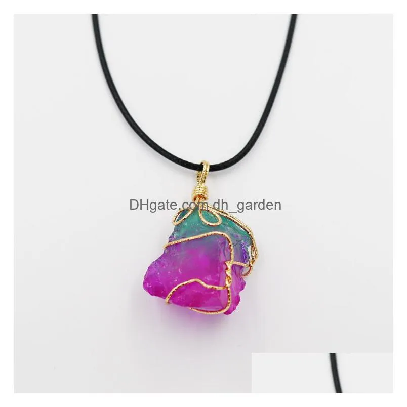 wire wrap rainbow irregular raw ore fluorite crystal pendant energy stone healing amethyst gift necklace wholesale
