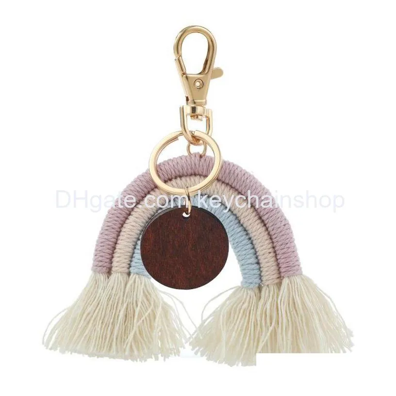 rainbow woven keychains braided bohemian tassel keychain pendant diy blank wood chip luggage decoration key chain keyring