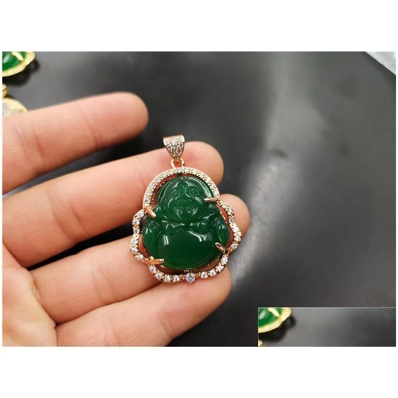 laughing buddha jade pendant necklace 925 silver plated inlaid gemstone jewelry ice chalcedony agate maitreya female pendants