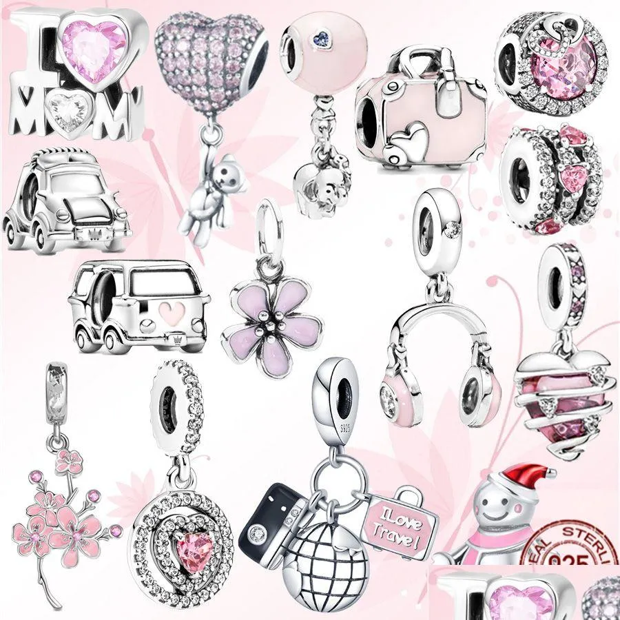 925 sterling silver pink car travel bag beads headphones cherry dangle charm fit original pandora bracelet jewelry gift