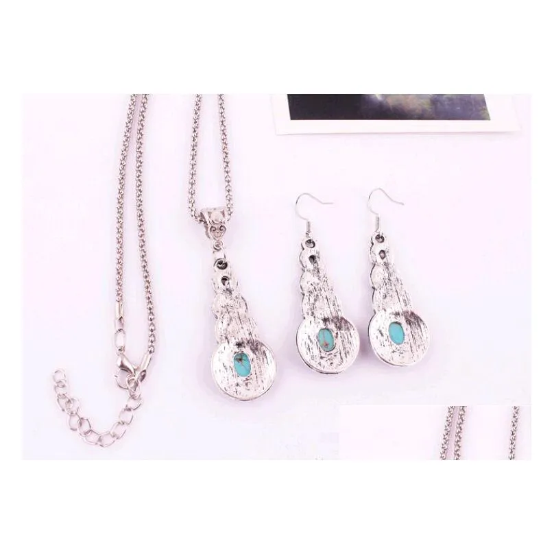 fashion vintage pattern blue crystal turquoise pendant jewelry sets earrings necklace for party women dresses accessories for sale 10