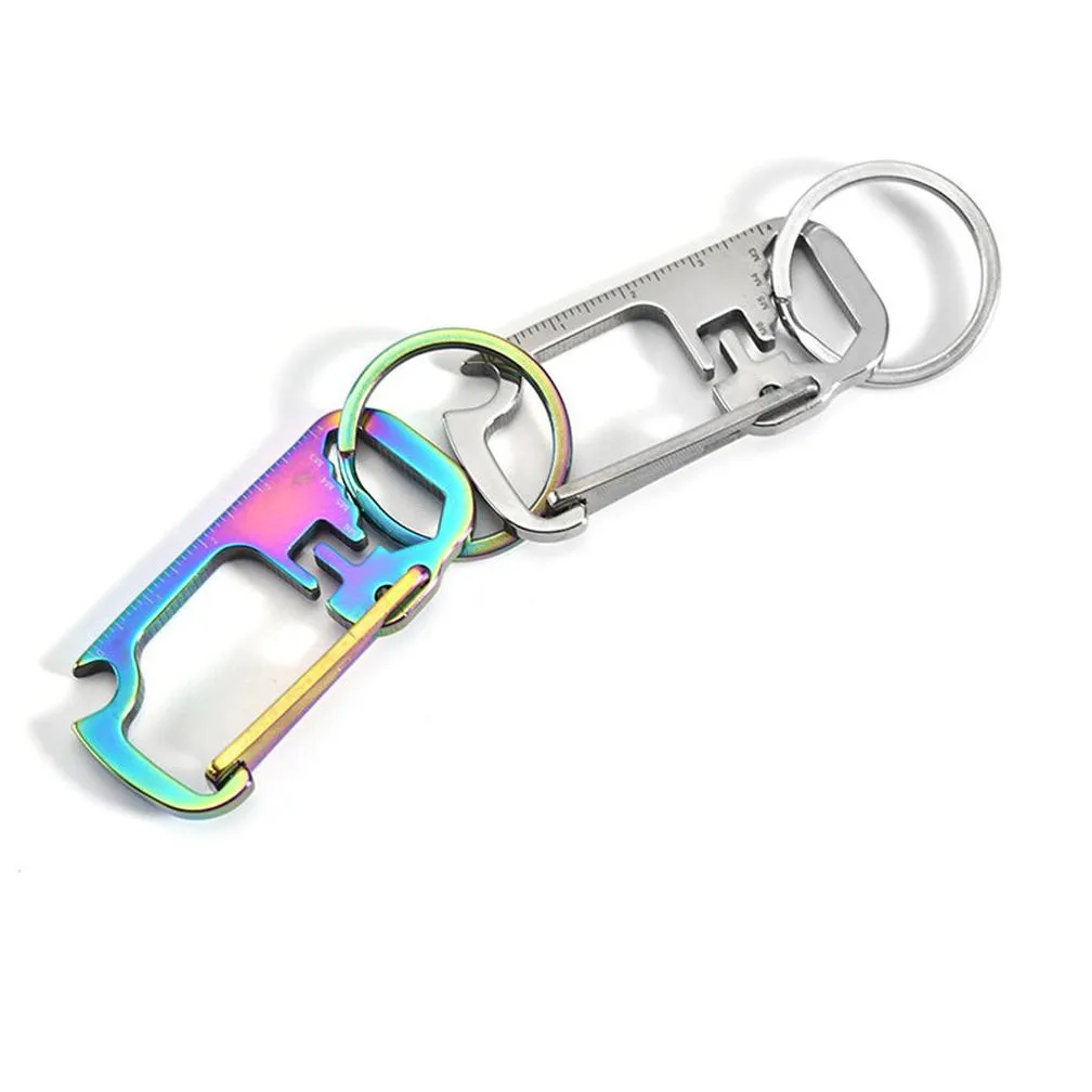 stainless steel bottle opener with wrench ruler carabiner keychain multi tool for climbing hiking camping xbjk2106