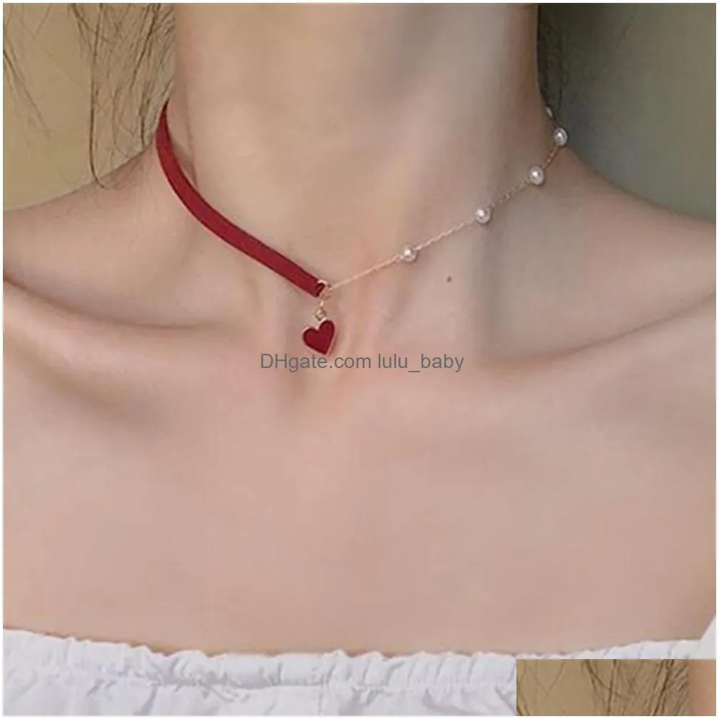 short small red heart choker simple temperament net love pearl chain necklace rope necklaces women wedding jewelry