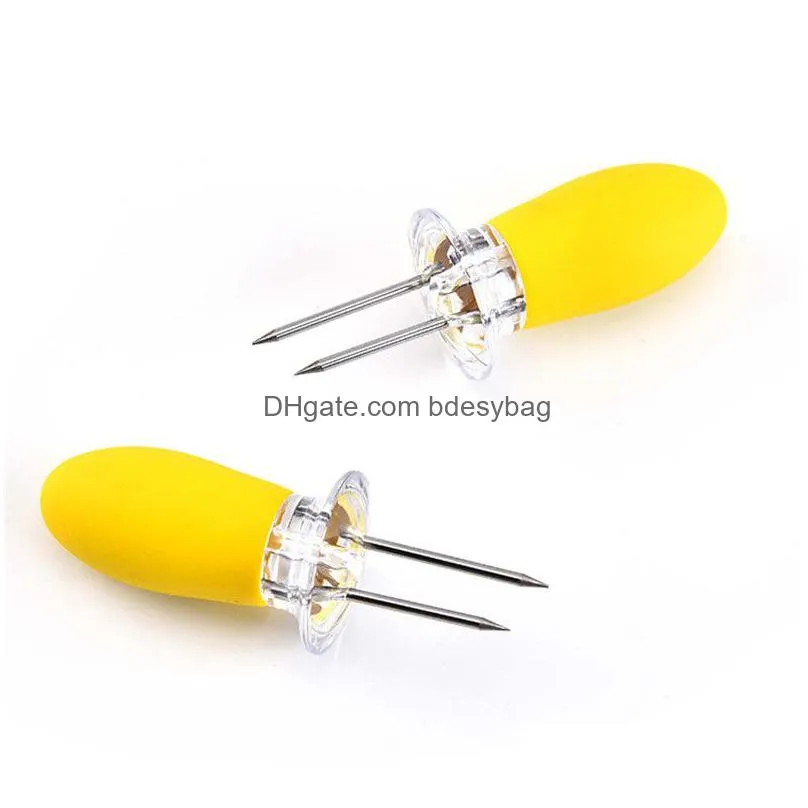 stainless steel corn cob holders with silicone handle and convenient butter spreading tool bbq meat fruit forks 2 pcs/set