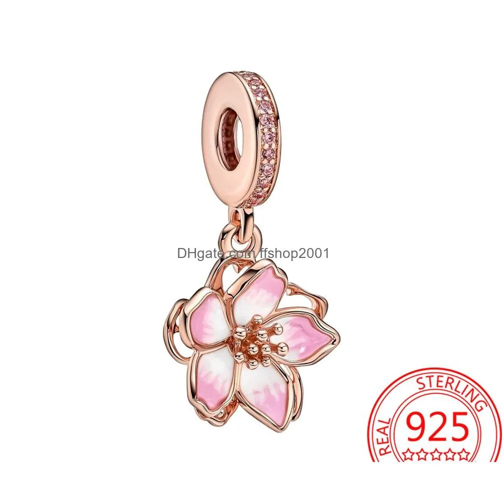  925 sterling silver rose gold transparent charm cherry blossom pendant for pandora bracelet diy womens jewelry gift