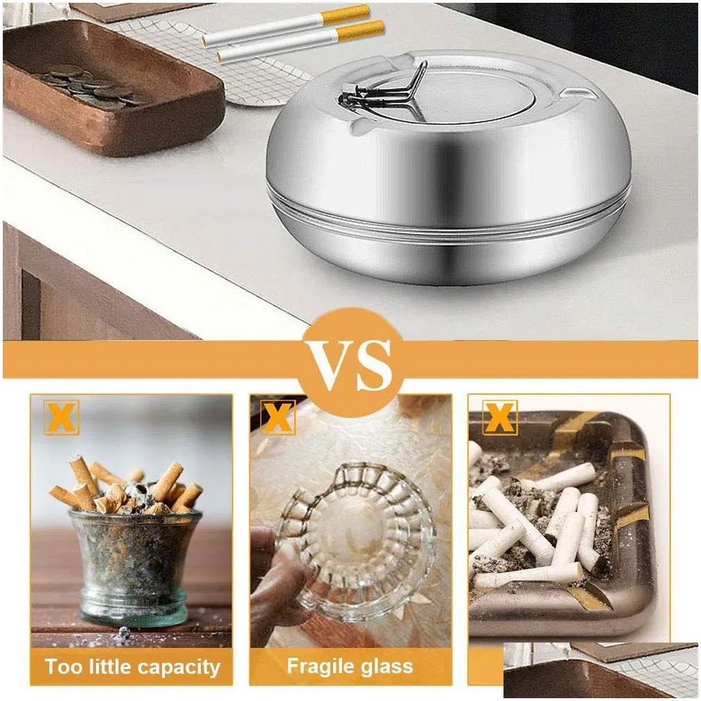 windproof ashtray with lid stainless steel tabletop ashtray for outdoor indoor use desktop smoking ash tray kdjk2211
