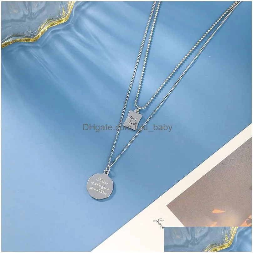 classic design goodluck letter square pendant womens necklace fashion titanium steel neck chain double clavicle chain