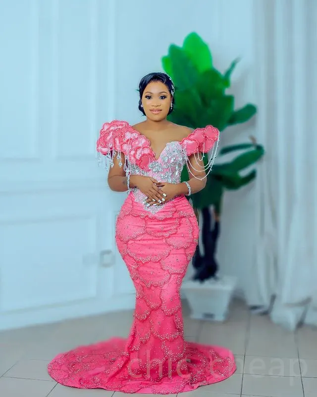 2023 Aso Ebi Mermaid Pink Prom Dress Beaded Crystals Sexy Evening Formal Party Second Reception Birthday Engagement Gowns Dresses Robe De Soiree ZJ763