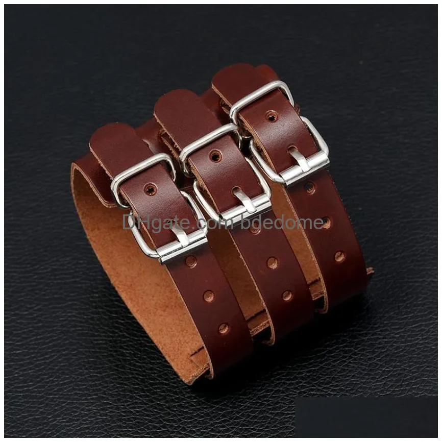 rows belt leather bangle cuff motorcycle multilayer wrap wide button adjustable bracelet wristand for men women fashion jewelry