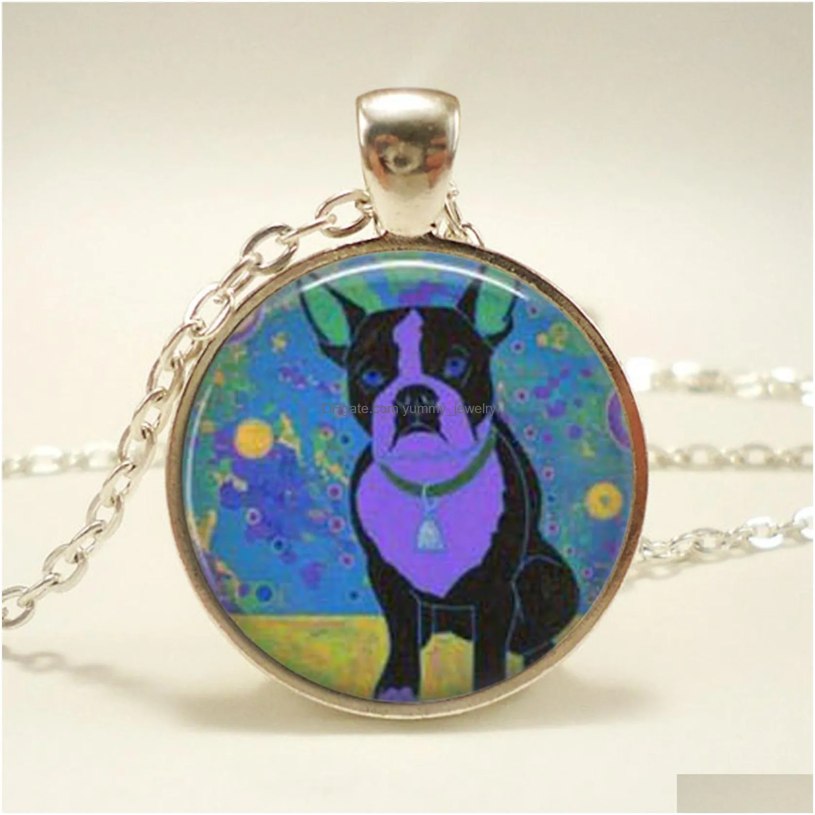 wholesale glass cabochon pendant necklace for lovers bulldog jewelry dog pendant handmade massive necklace animal jewelry