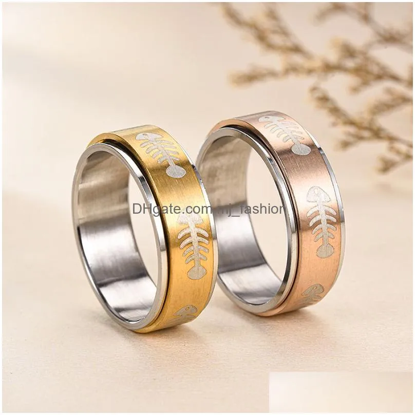 laser engraving fish bones men rings silver color titanium steel rotating ring ease anxiety multifunctional 8mm fashion accessories