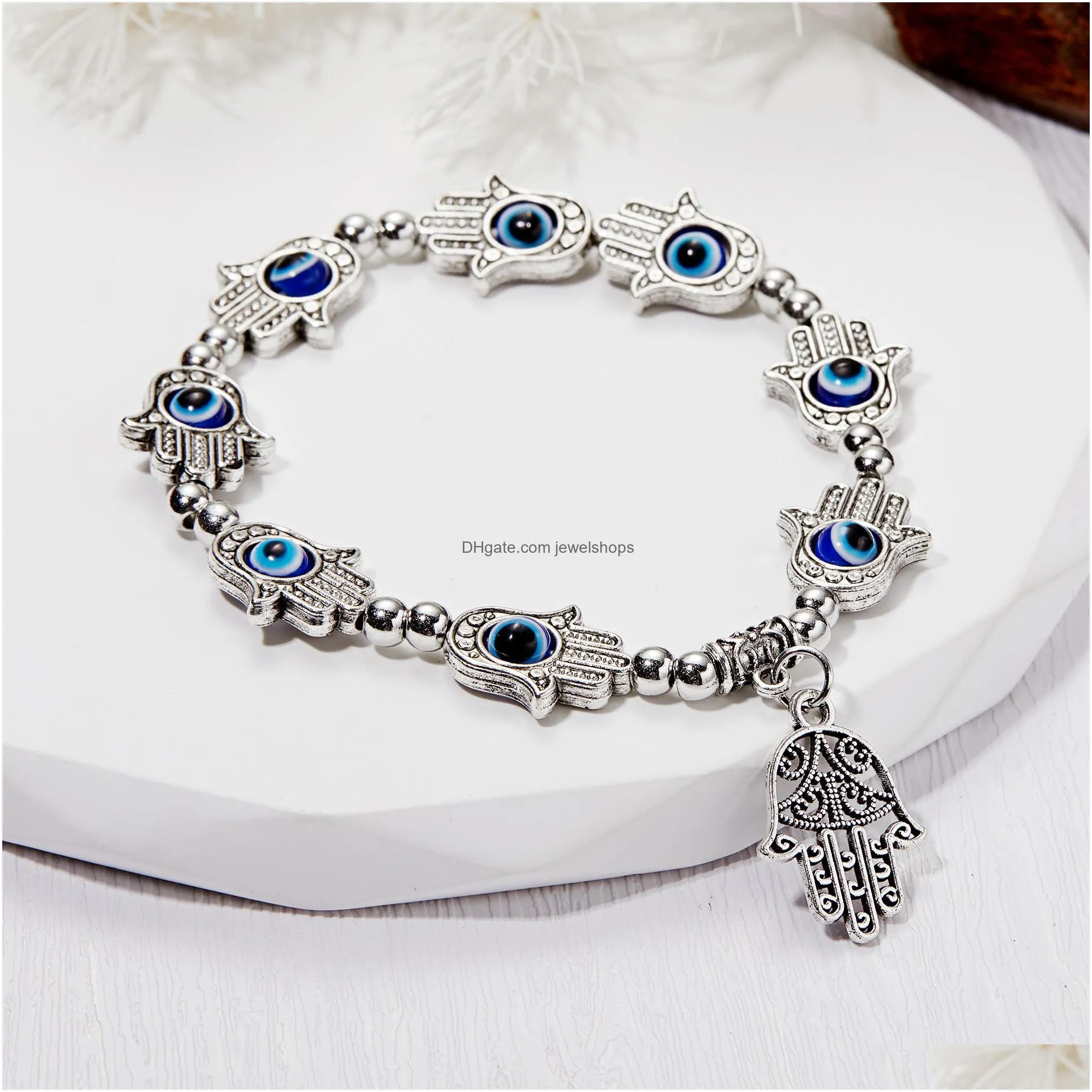 trendy couple turkish evil eye palm elastic bracelet for women men charm handmade beaded bracelets jewelry gifts new