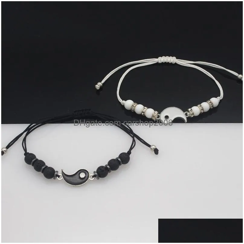 couples lovers beaded bracelets white and black beads strands women men taiji ying yang charm bracelet friendship jewelry male female